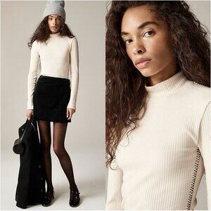 J Crew Womens Premium Rib Turtleneck Top XS Ivory Whipstitch Trim Ribbed Shirt